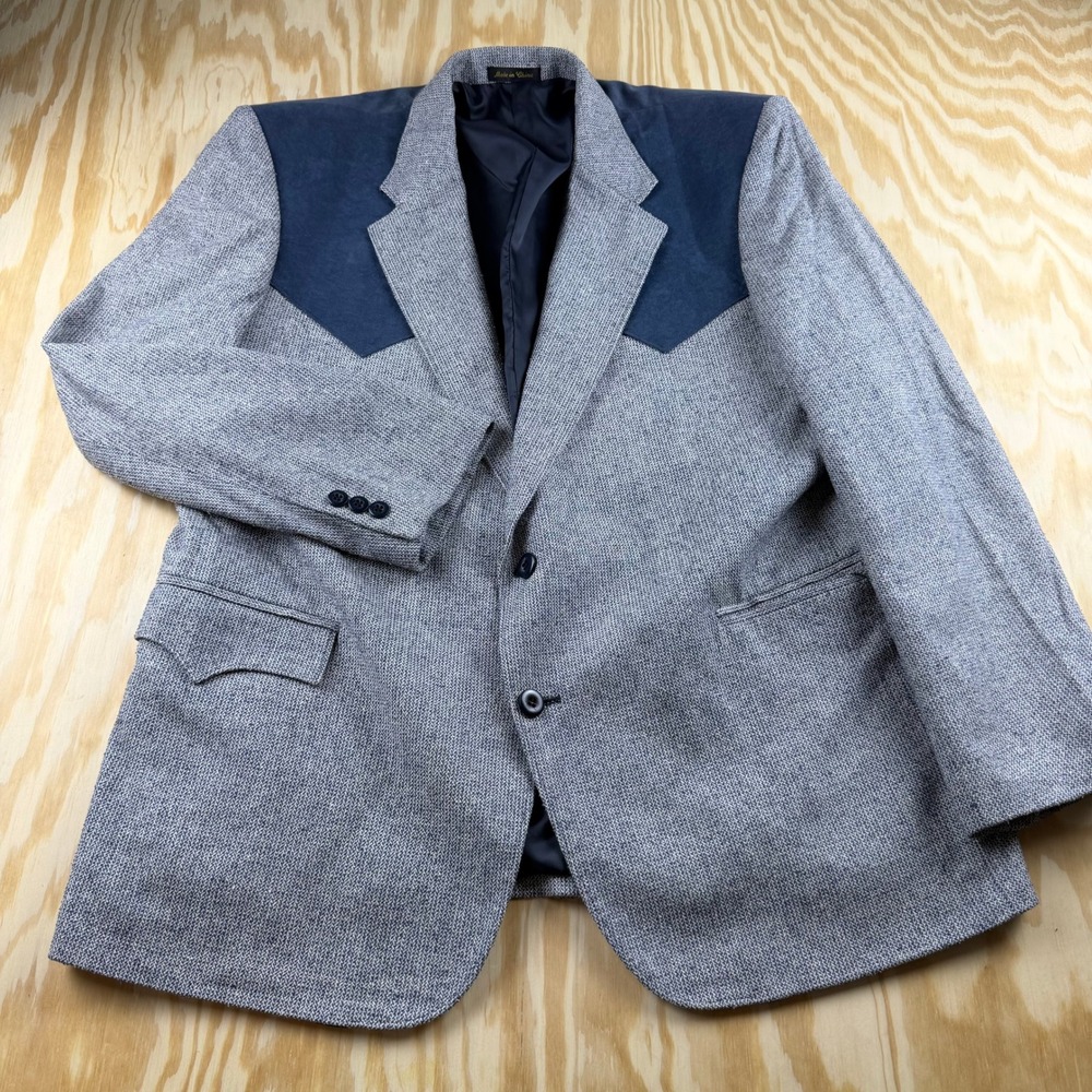 Circle S Mens 46R Western Blazer Grey Silk Navy Suede Yoke Cowboy Sport Coat